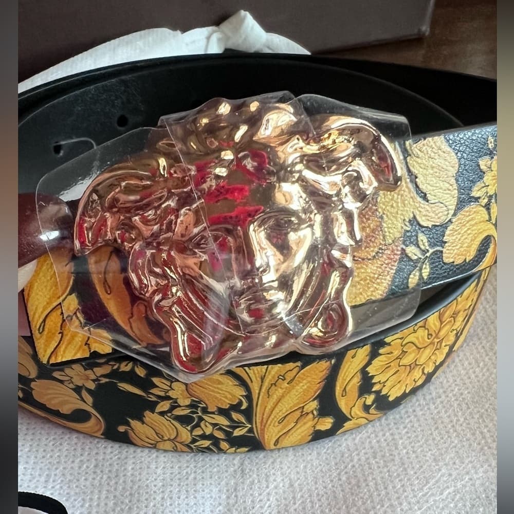 NEW VERSACE Medusa Gold Belt Buckle Black Yellow Baroque & REVERSIBLE! 70/28 - Thumbnail 2