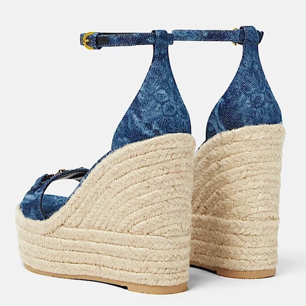 NEW VERSACE ‘95 Medusa Crystals Denim Barocco Print Platform Wedge Sandals 41 - Thumbnail 4