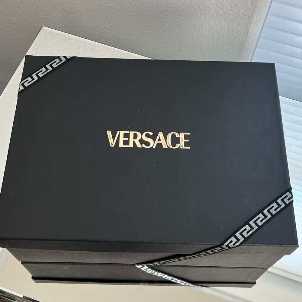 NEW VERSACE ‘95 Medusa Crystals Denim Barocco Print Platform Wedge Sandals 41 - Thumbnail 15