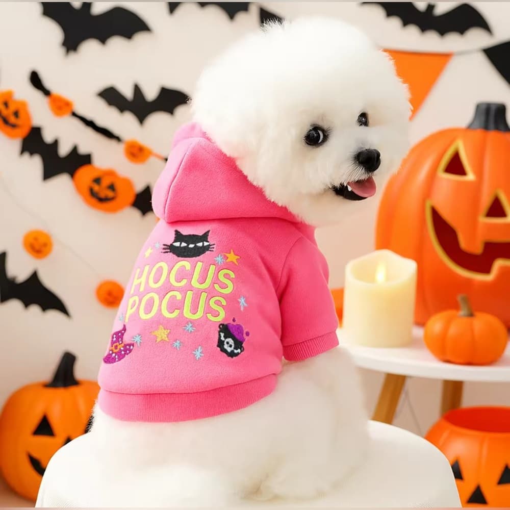 Hocus Pocus Pink Embroidered Front Snap Close Dog Sweater Halloween - Thumbnail 3