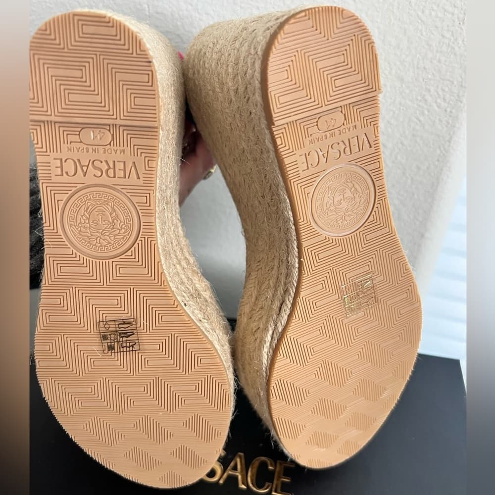 NEW VERSACE ‘95 Medusa Crystals Denim Barocco Print Platform Wedge Sandals 41 - Thumbnail 12