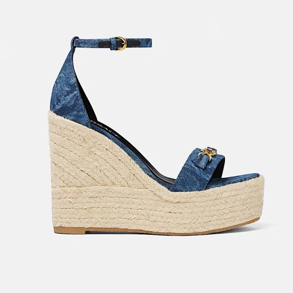 NEW VERSACE ‘95 Medusa Crystals Denim Barocco Print Platform Wedge Sandals 41 - Thumbnail 3