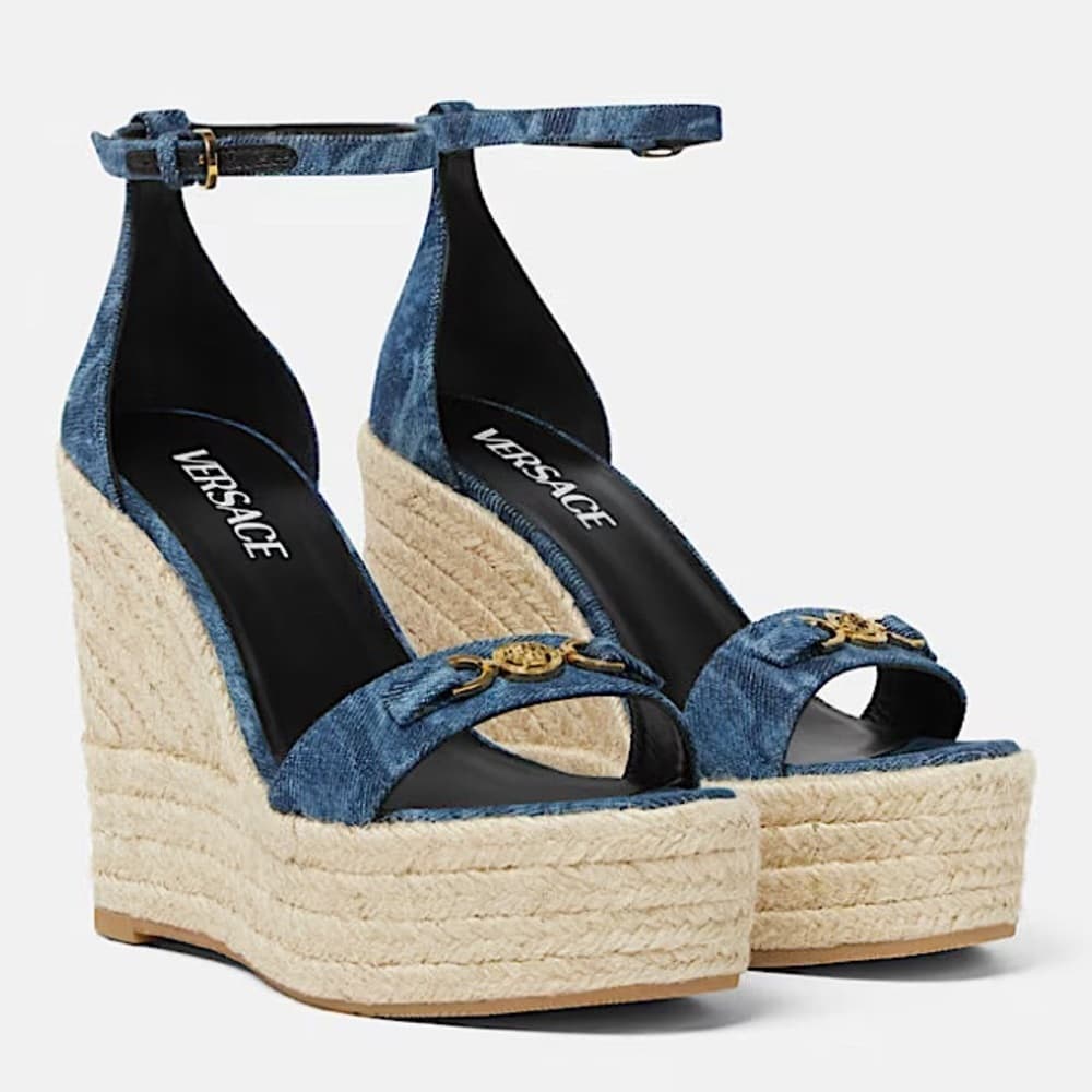 NEW VERSACE ‘95 Medusa Crystals Denim Barocco Print Platform Wedge Sandals 41 - Thumbnail 2