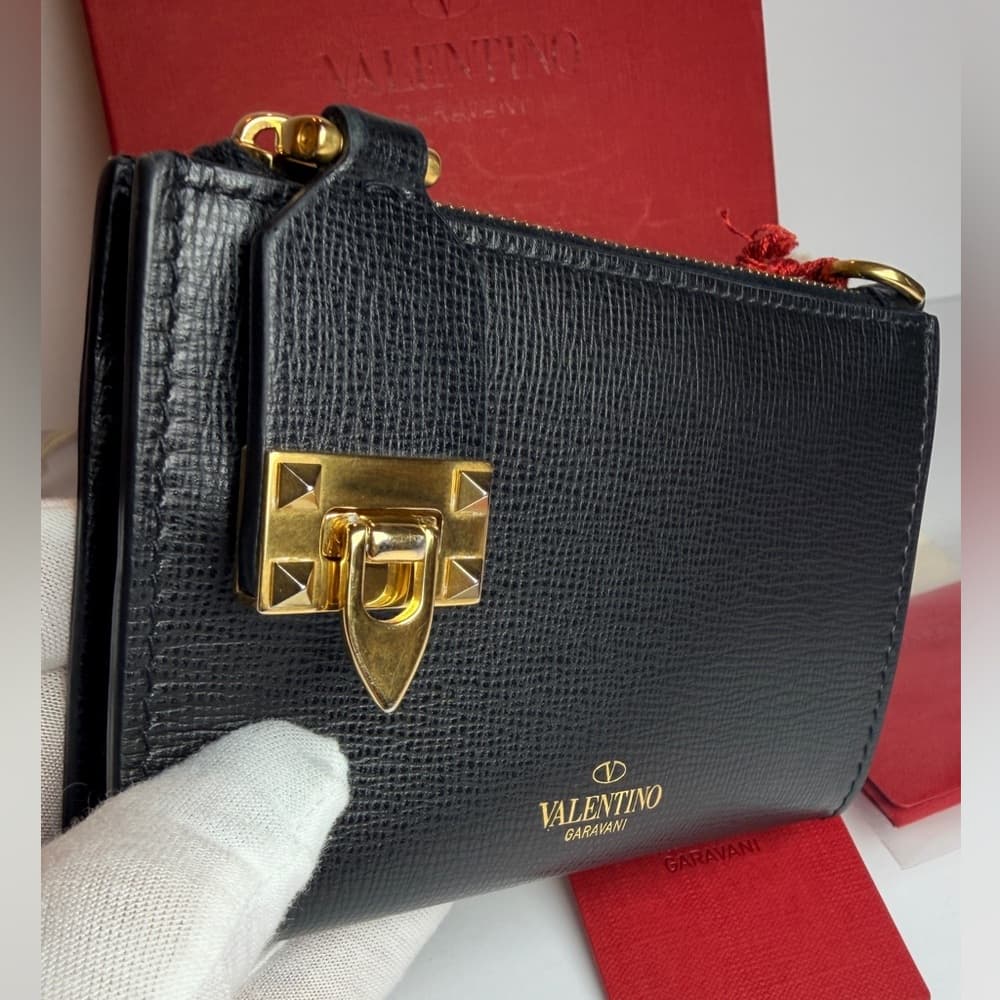 Valentino Garavani Rockstud Zipper Coin Purse Cardholder Grainy Calfskin Leather - Thumbnail 6