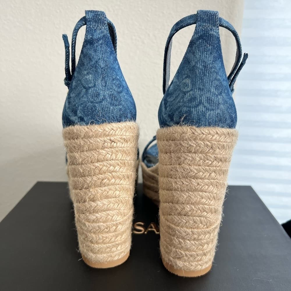 NEW VERSACE ‘95 Medusa Crystals Denim Barocco Print Platform Wedge Sandals 41 - Thumbnail 10
