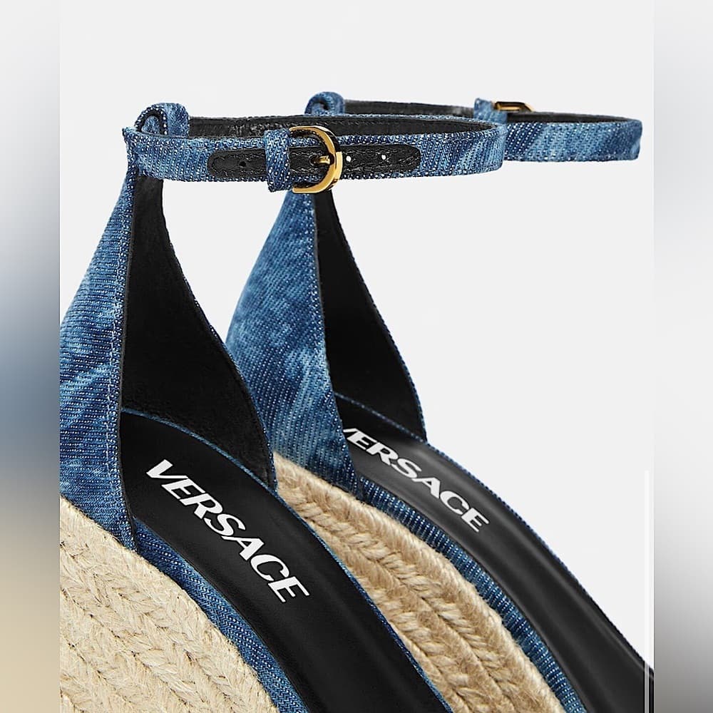NEW VERSACE ‘95 Medusa Crystals Denim Barocco Print Platform Wedge Sandals 41 - Thumbnail 5