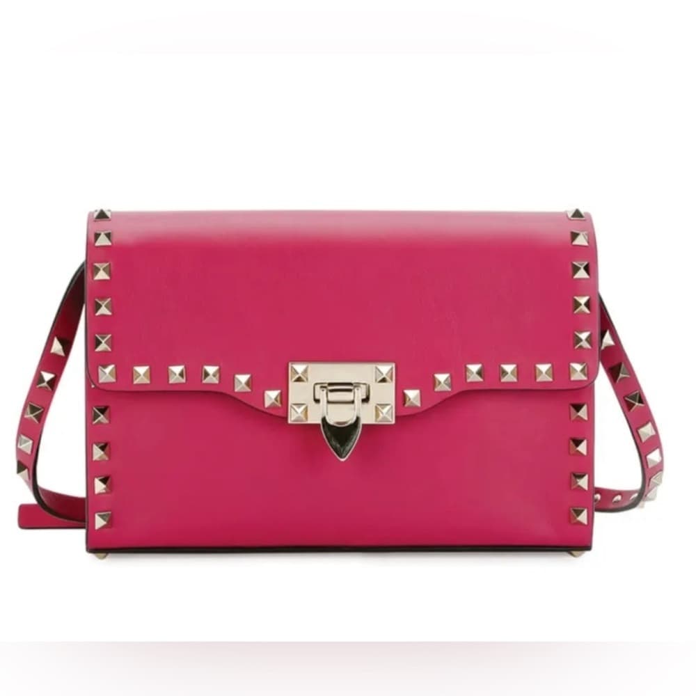 VALENTINO GARAVANI Fuschia Pink Leather Gold Rockstud Shoulder Crossbody Bag - Thumbnail 4