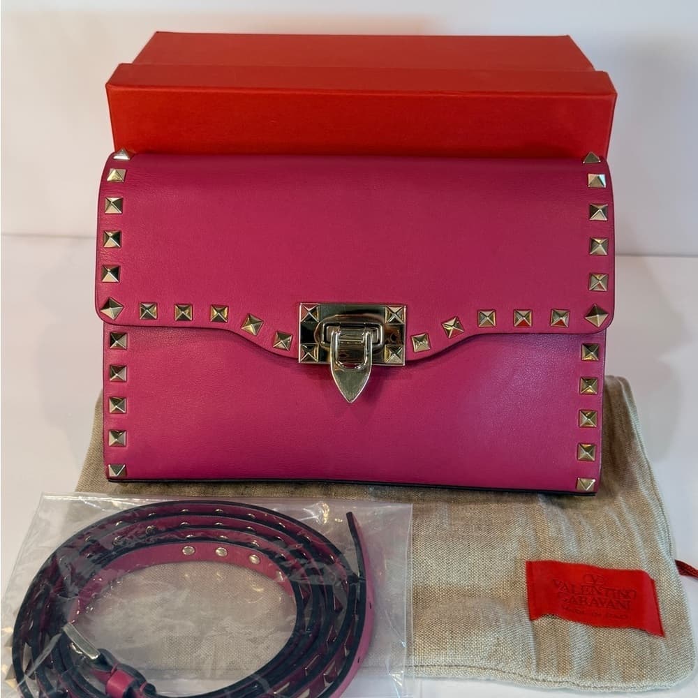 VALENTINO GARAVANI Fuschia Pink Leather Gold Rockstud Shoulder Crossbody Bag - Thumbnail 3