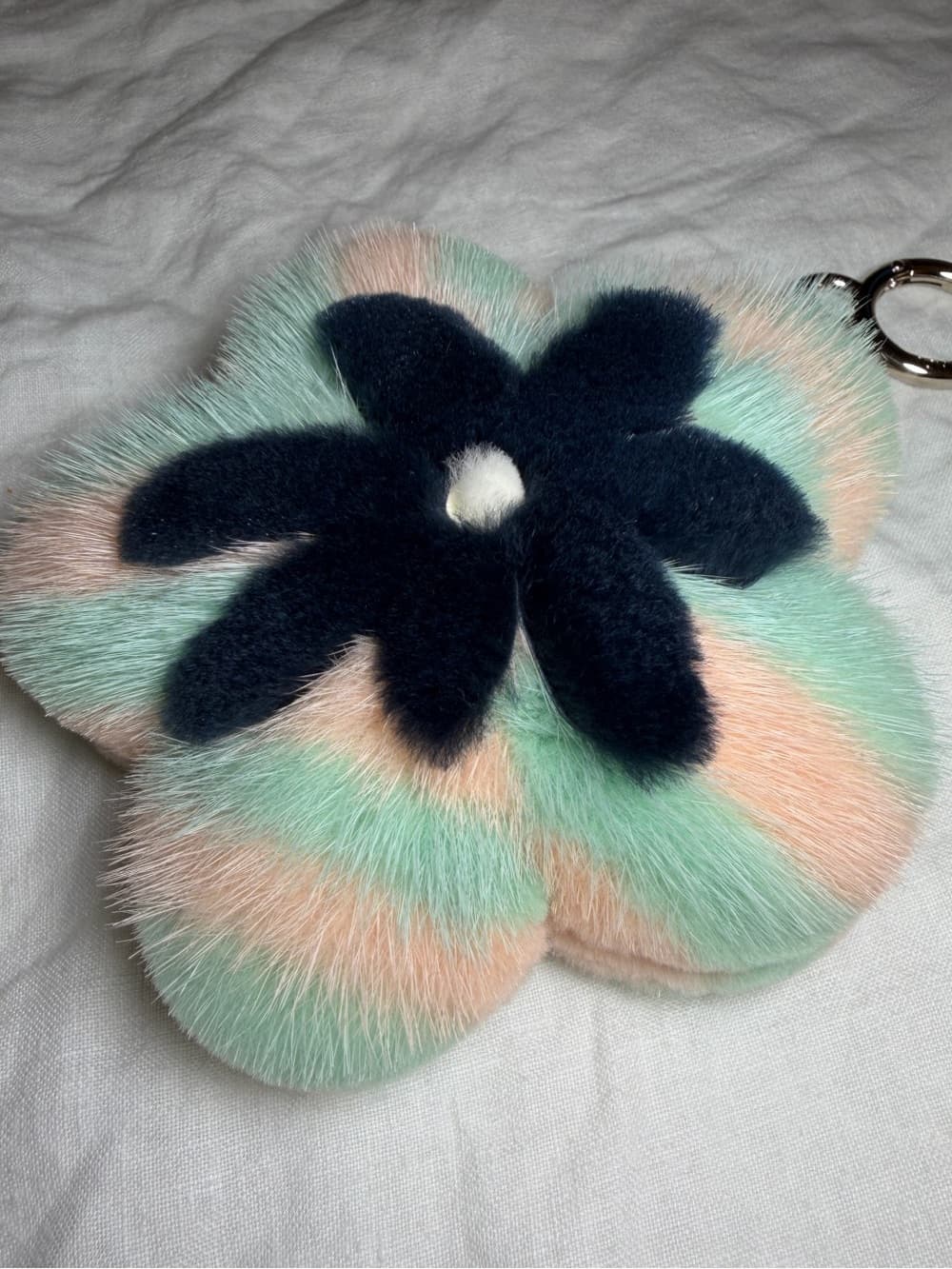 FENDI Fur Flower Bag Charm / Keychain Pastel Mint Pink Floral Design Puffy Pom - Thumbnail 4