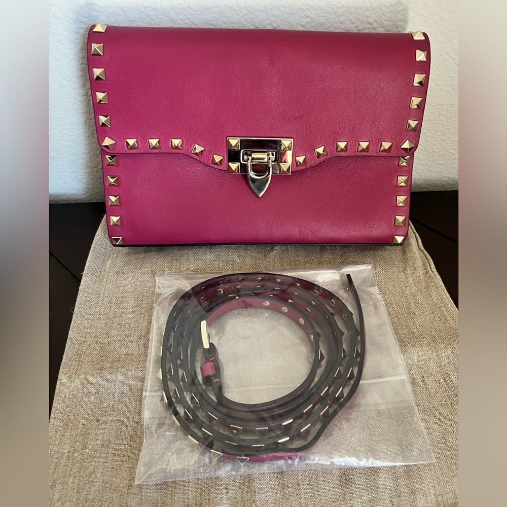 VALENTINO GARAVANI Fuschia Pink Leather Gold Rockstud Shoulder Crossbody Bag - Thumbnail 6