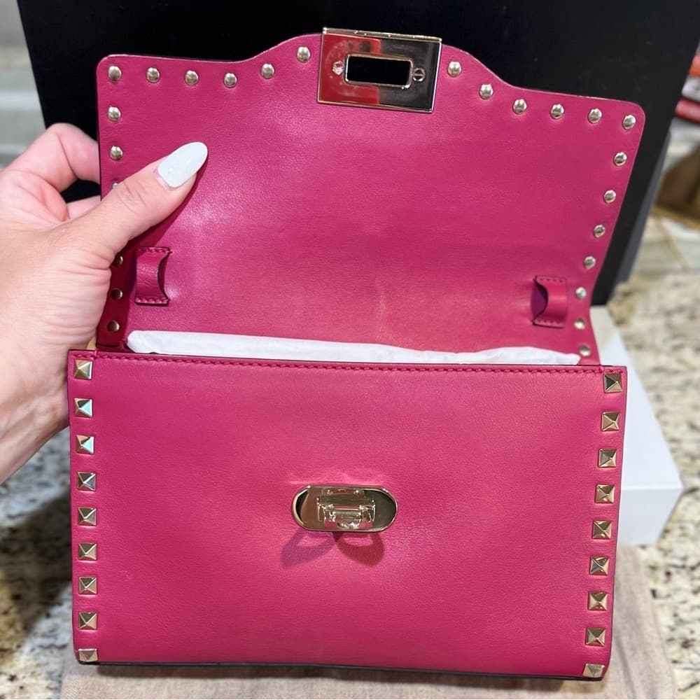 VALENTINO GARAVANI Fuschia Pink Leather Gold Rockstud Shoulder Crossbody Bag - Thumbnail 7