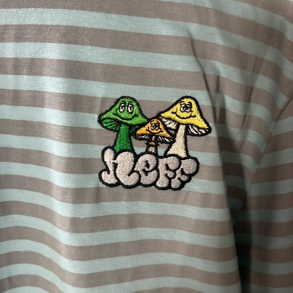 NEW NEFF Light Blue Grey Stripes Embroidered Pocket area Smiling Mushrooms Small - Thumbnail 2