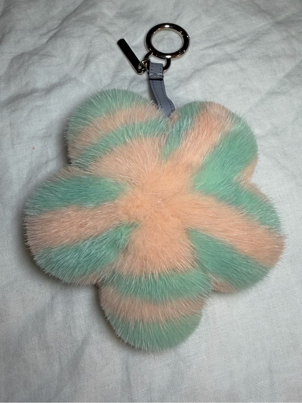 FENDI Fur Flower Bag Charm / Keychain Pastel Mint Pink Floral Design Puffy Pom - Thumbnail 6