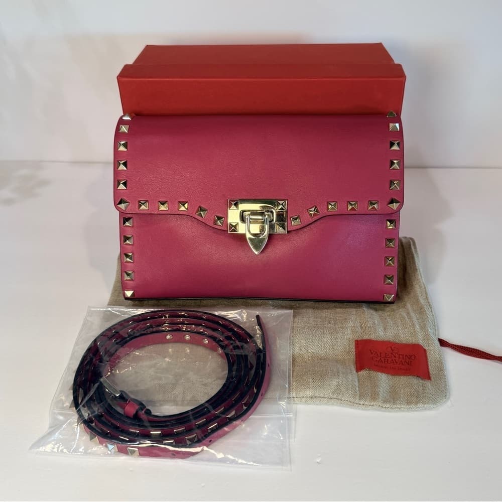VALENTINO GARAVANI Fuschia Pink Leather Gold Rockstud Shoulder Crossbody Bag - Thumbnail 11