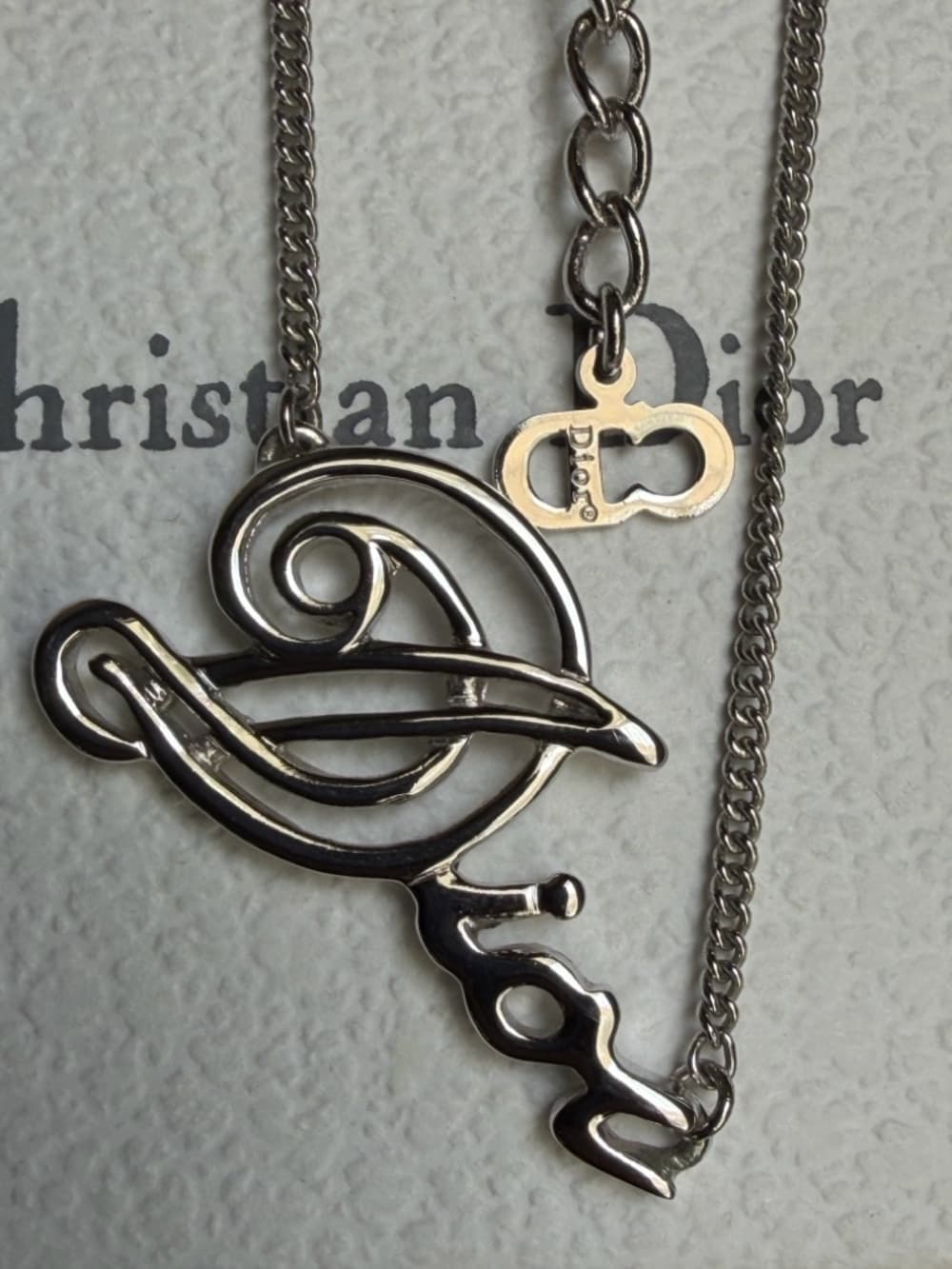 DIOR Cursive Amour Logo Silver Tone Necklace with Box & Dust Bag 16 in + 2in ext - Thumbnail 6