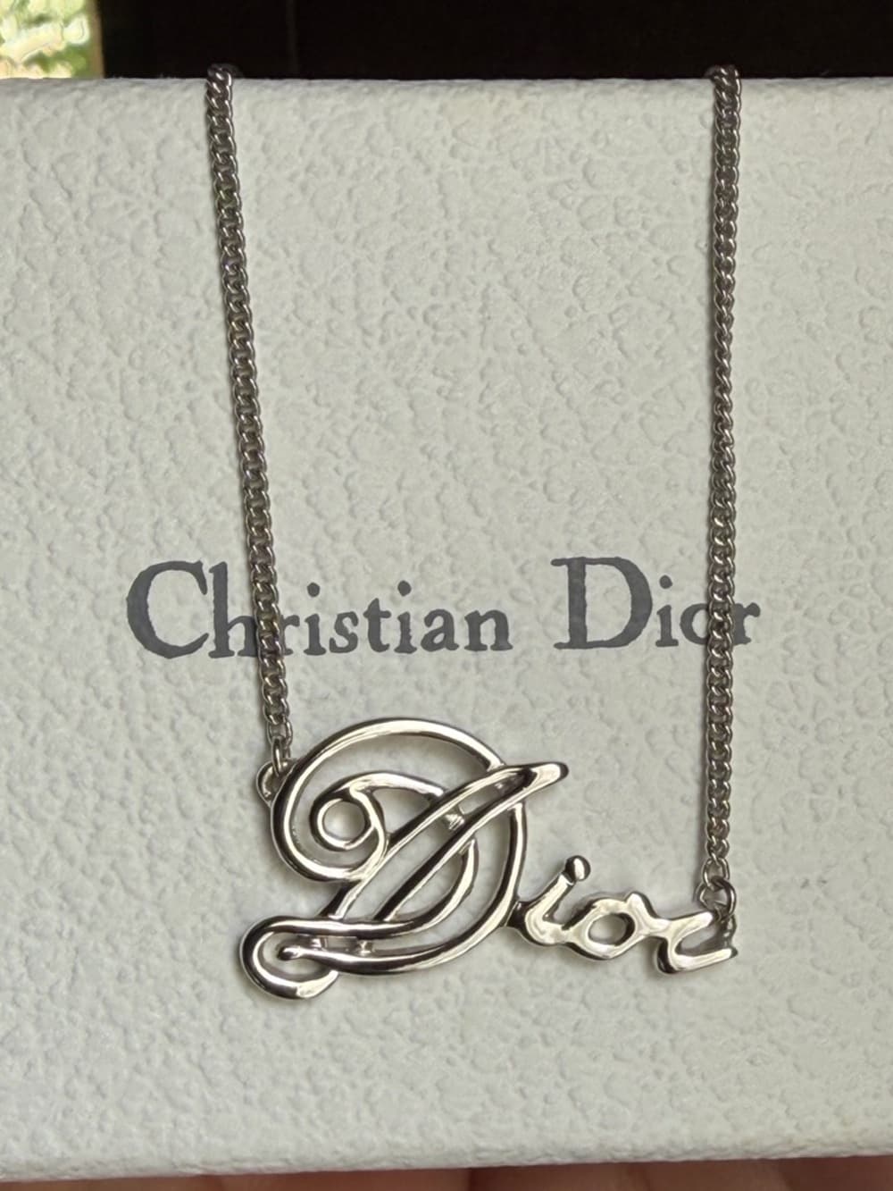 DIOR Cursive Amour Logo Silver Tone Necklace with Box & Dust Bag 16 in + 2in ext - Thumbnail 8