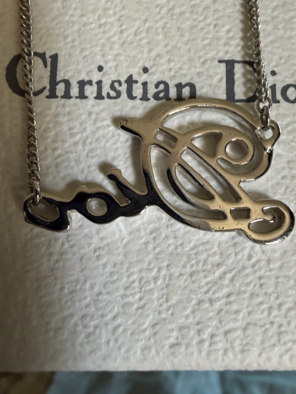 DIOR Cursive Amour Logo Silver Tone Necklace with Box & Dust Bag 16 in + 2in ext - Thumbnail 9