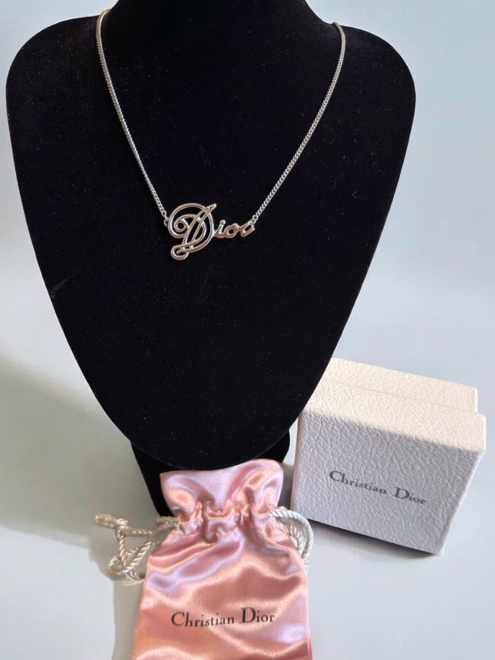 DIOR Cursive Amour Logo Silver Tone Necklace with Box & Dust Bag 16 in + 2in ext - Thumbnail 2