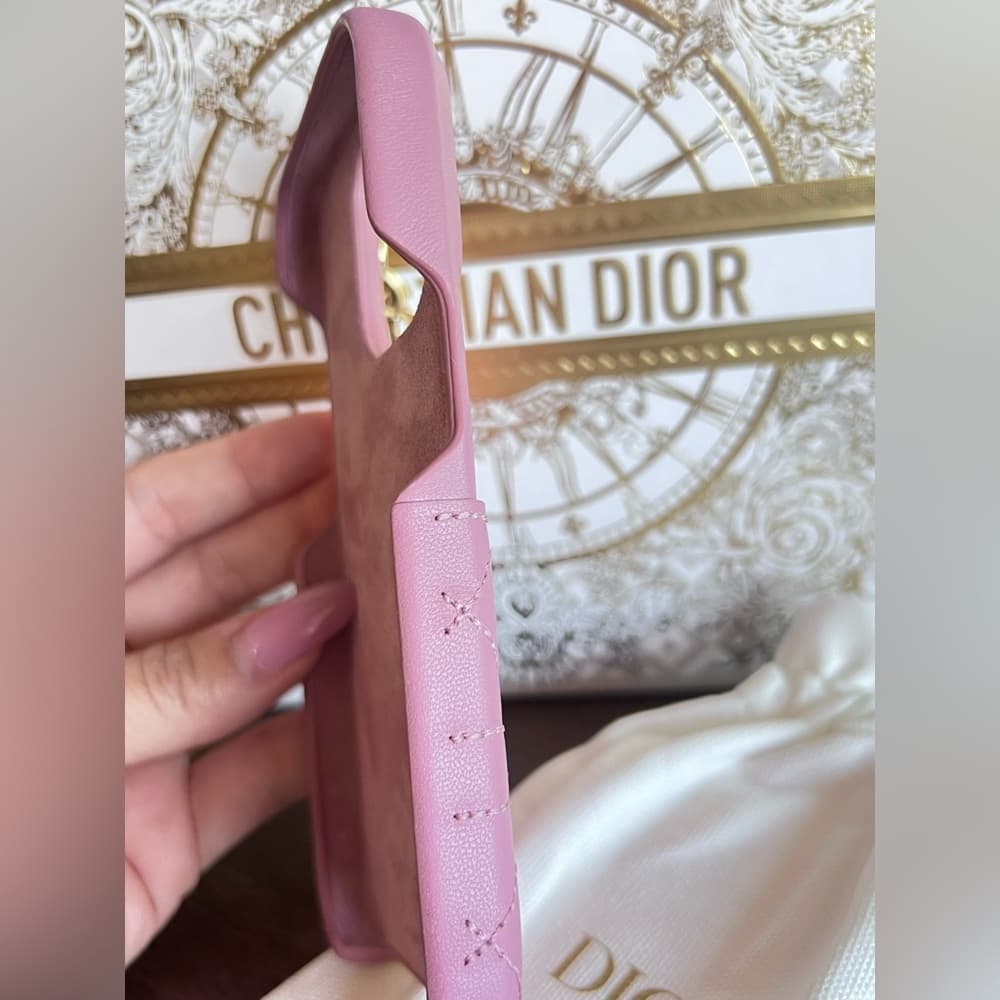 EUC Lady DIOR IPhone 14 Pro Case Pink Leather Charms Pocket Suede Lined Interior - Thumbnail 6