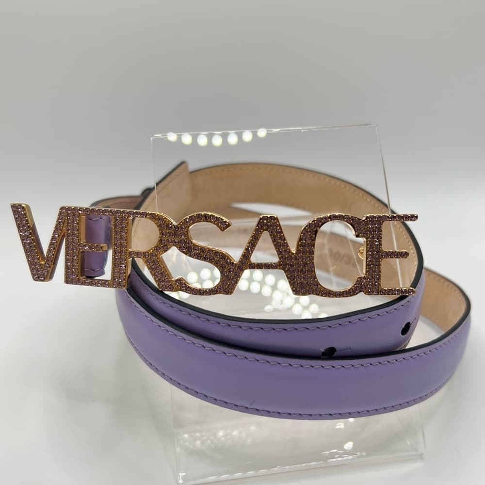 NEW VERSACE Logo Crystal Purple Leather Belt 80/32 Medium M - Thumbnail 3