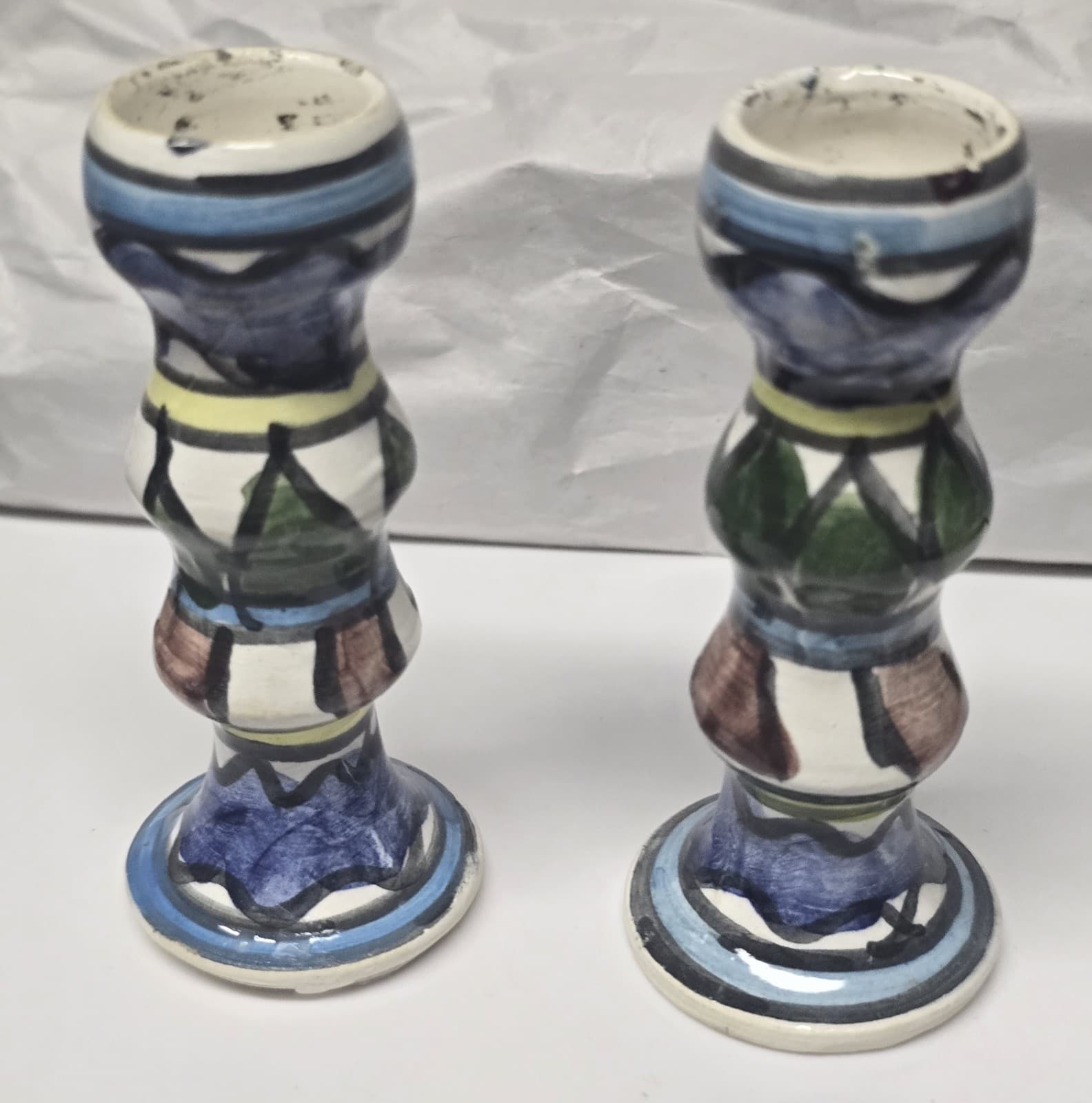 Vintage Israeli Ceramic Armenian Pottery Iznik Shabbat Candlesticks Set of 2 4.5 - Thumbnail 6