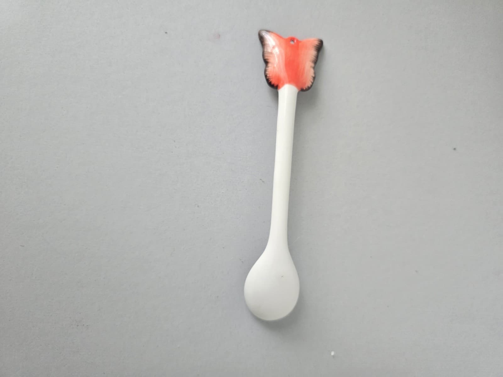 Vintage Butterfly Ceramic Spoon 7" Orange Hand Painted Tea Condiment Porcelain - Thumbnail 3