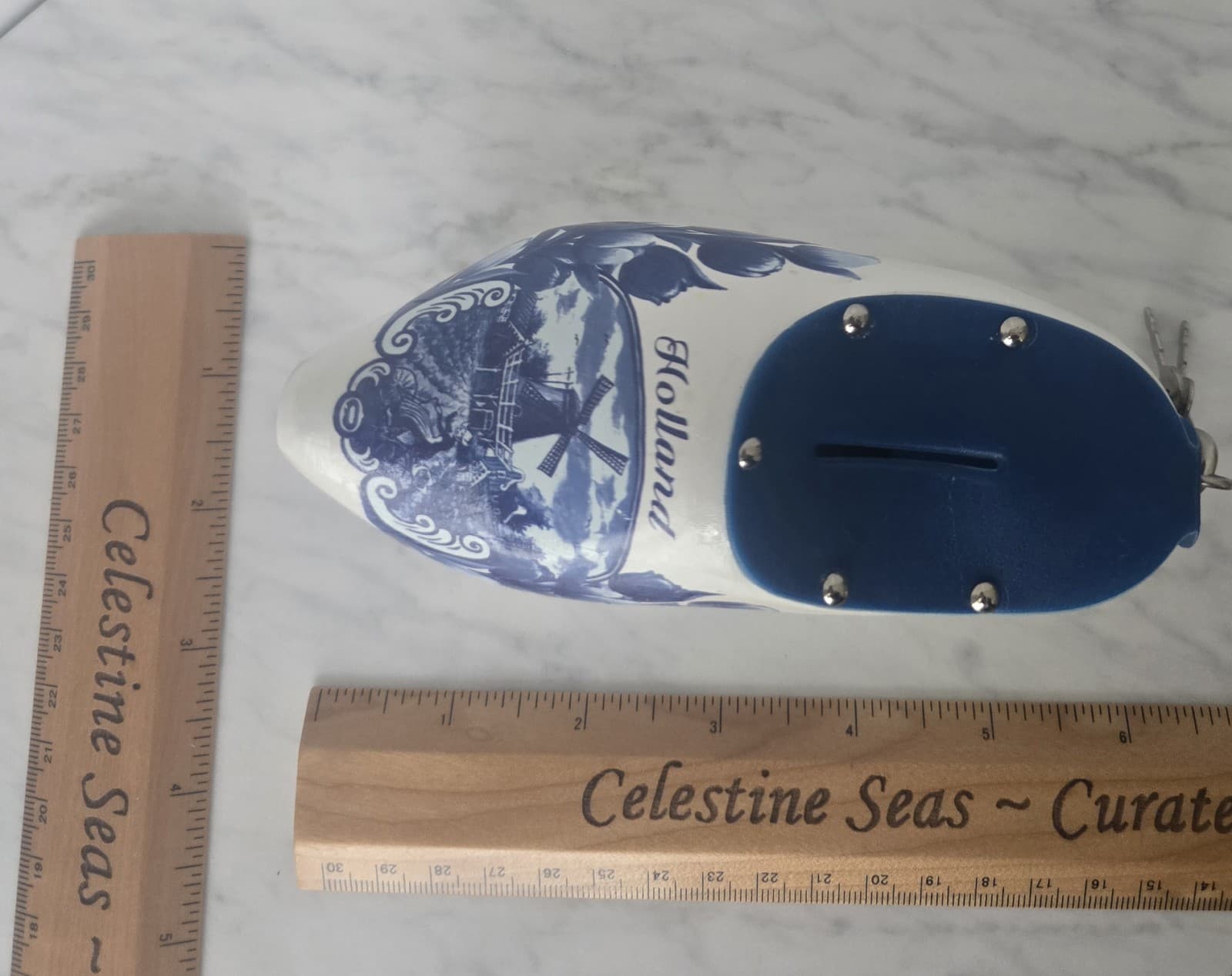 Delft Style Ceramic Clog Piggy Bank Holland Windmill Shoe Coin Box With Key - Thumbnail 5