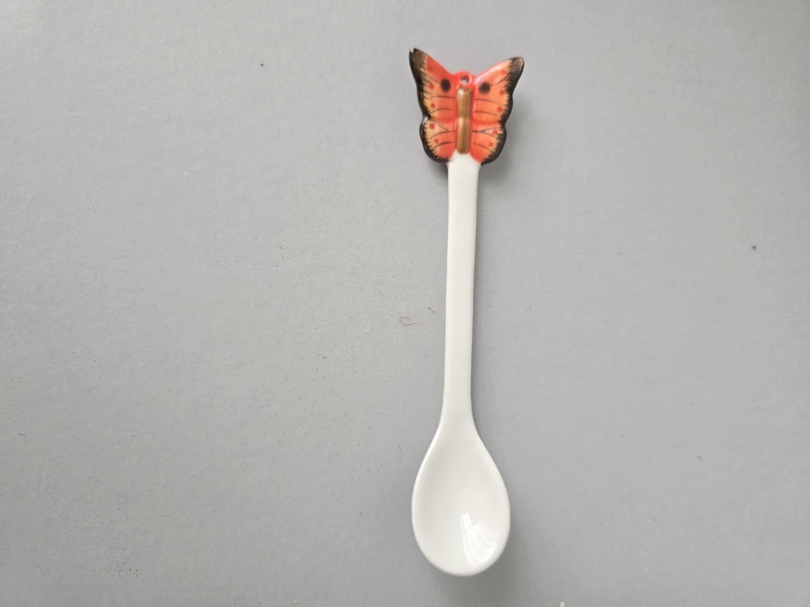 Vintage Butterfly Ceramic Spoon 7" Orange Hand Painted Tea Condiment Porcelain