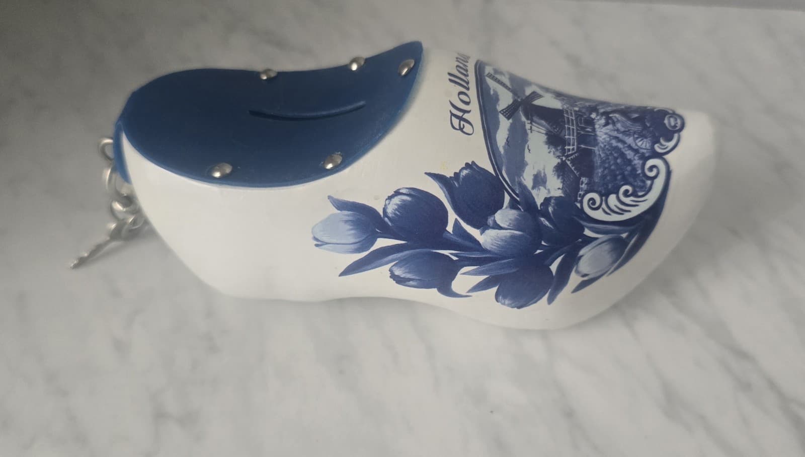 Delft Style Ceramic Clog Piggy Bank Holland Windmill Shoe Coin Box With Key - Thumbnail 2