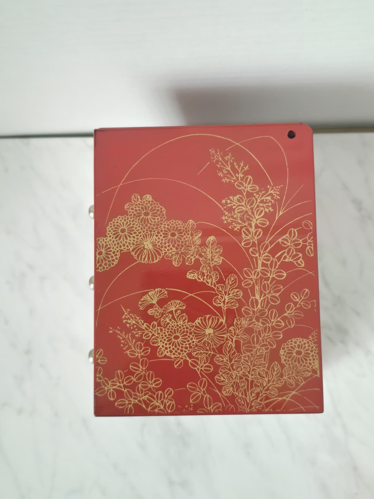 Vintage Red Lacquer 3-Drawer Jewelly Box With Floral Chiyogami Pattern - Thumbnail 4
