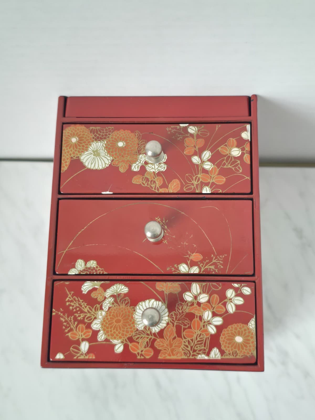 Vintage Red Lacquer 3-Drawer Jewelly Box With Floral Chiyogami Pattern - Thumbnail 2