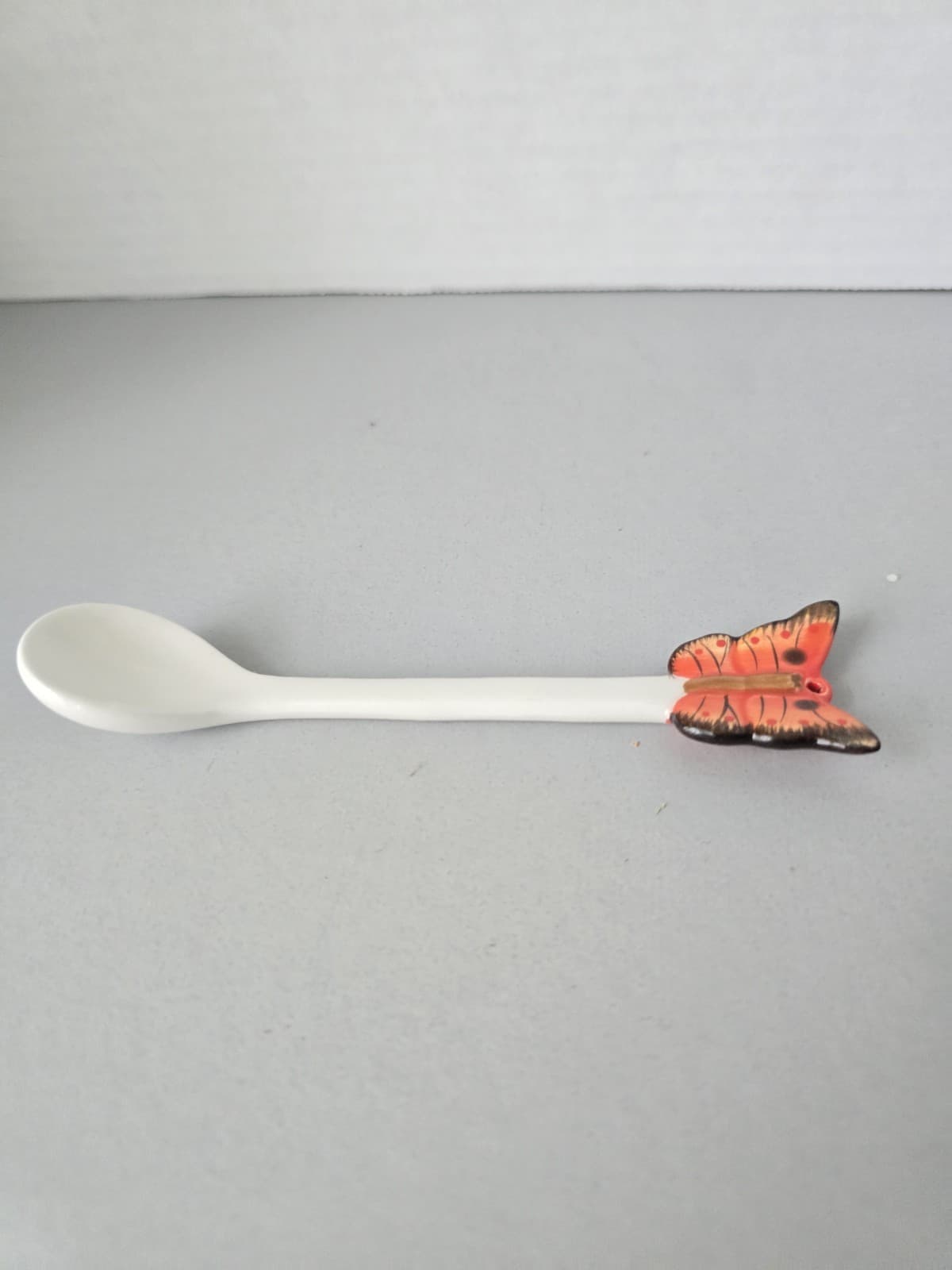 Vintage Butterfly Ceramic Spoon 7" Orange Hand Painted Tea Condiment Porcelain - Thumbnail 5