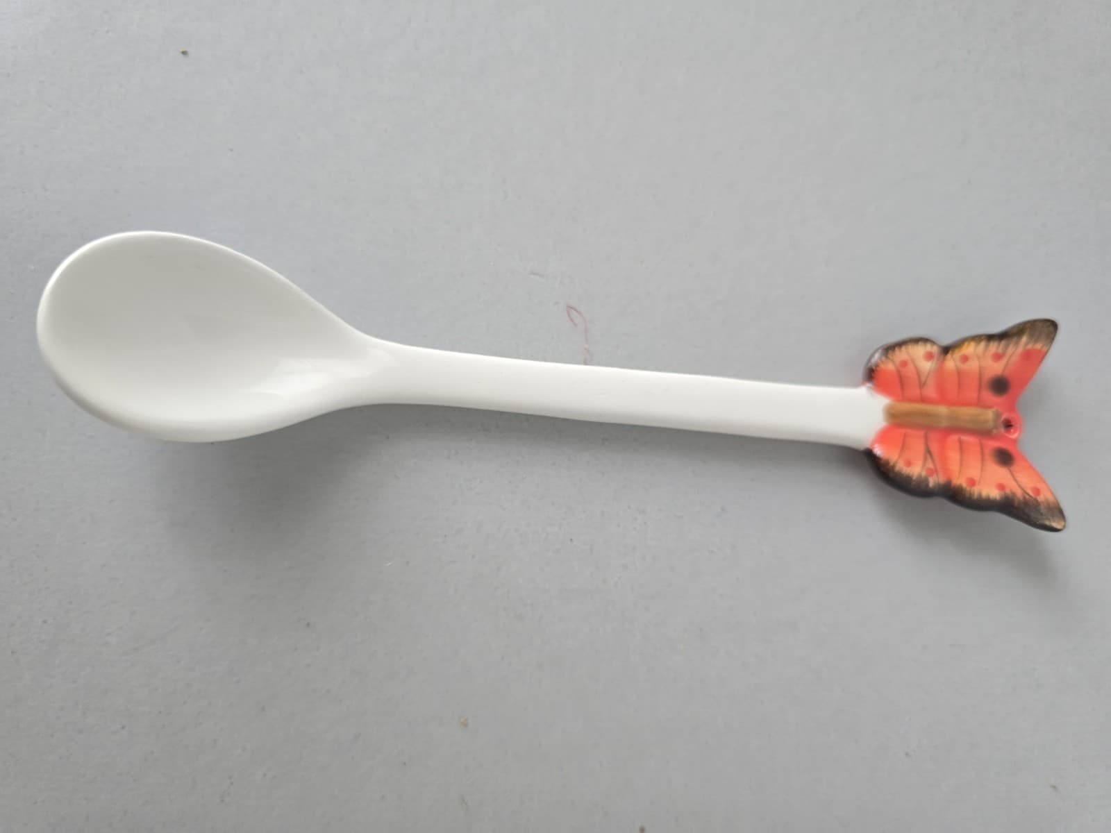 Vintage Butterfly Ceramic Spoon 7" Orange Hand Painted Tea Condiment Porcelain - Thumbnail 2