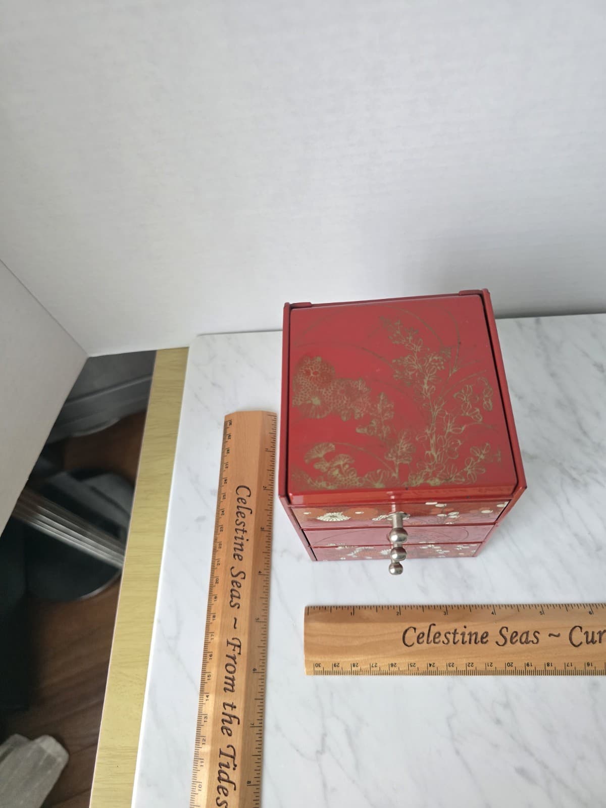 Vintage Red Lacquer 3-Drawer Jewelly Box With Floral Chiyogami Pattern - Thumbnail 7