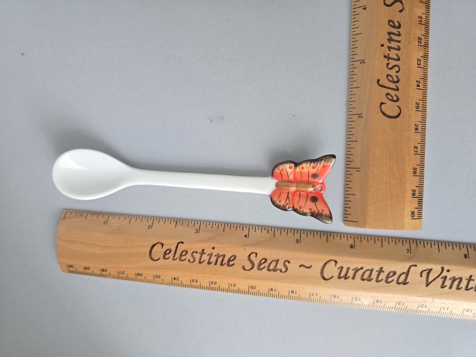 Vintage Butterfly Ceramic Spoon 7" Orange Hand Painted Tea Condiment Porcelain - Thumbnail 6