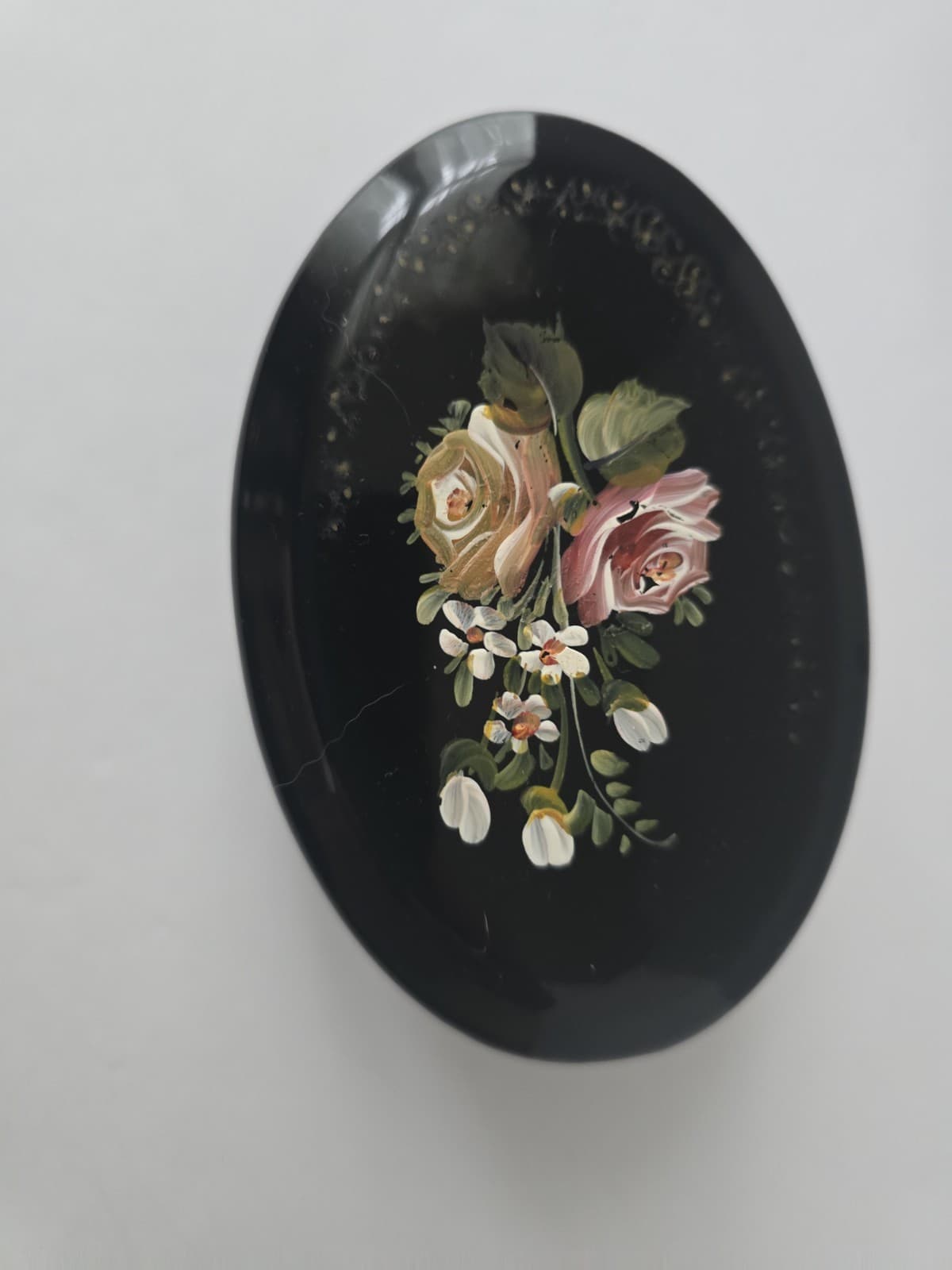 Vintage Portuguese Hand Painted Black Ceramic Floral Trinket Box - Thumbnail 2