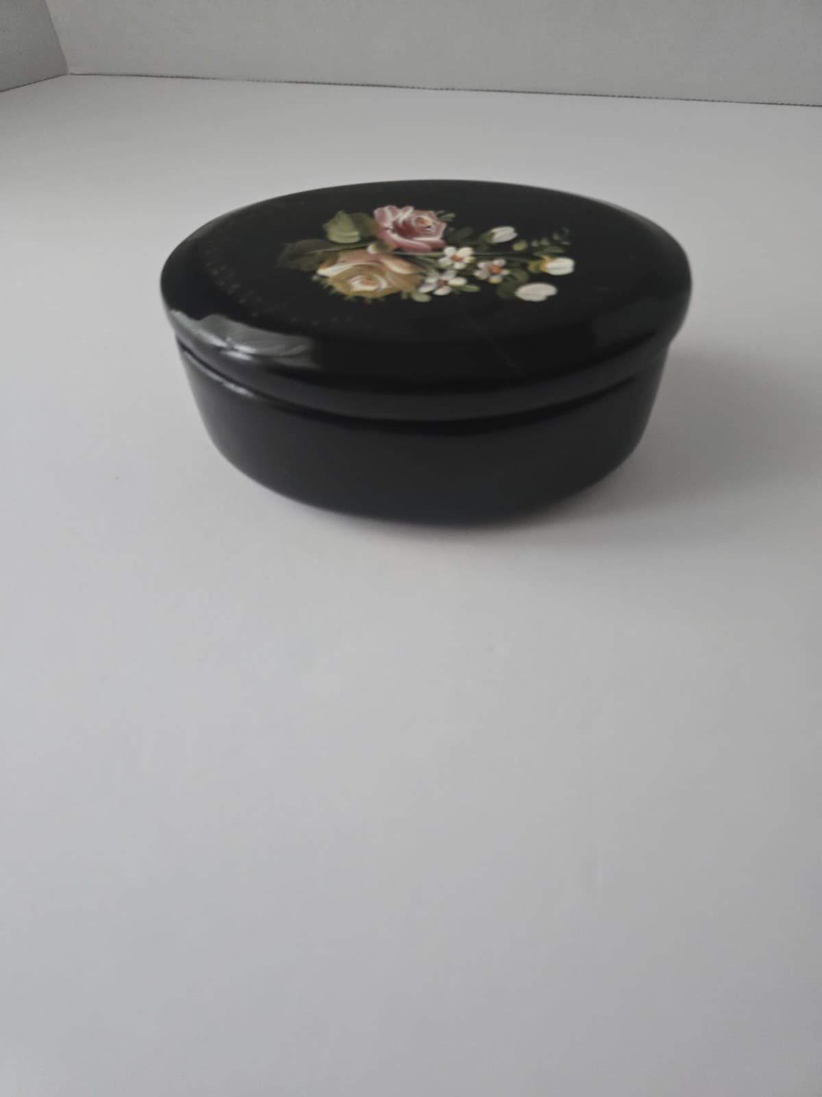 Vintage Portuguese Hand Painted Black Ceramic Floral Trinket Box - Thumbnail 3
