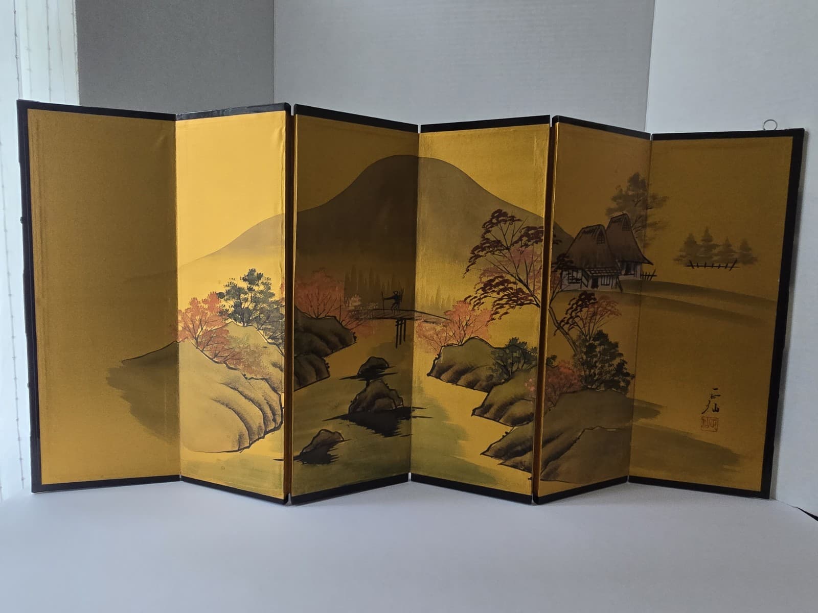 Vintage Japanese Miniature Byobu Folding Screen Gold Leaf Landscape Art Nizan - Thumbnail 2