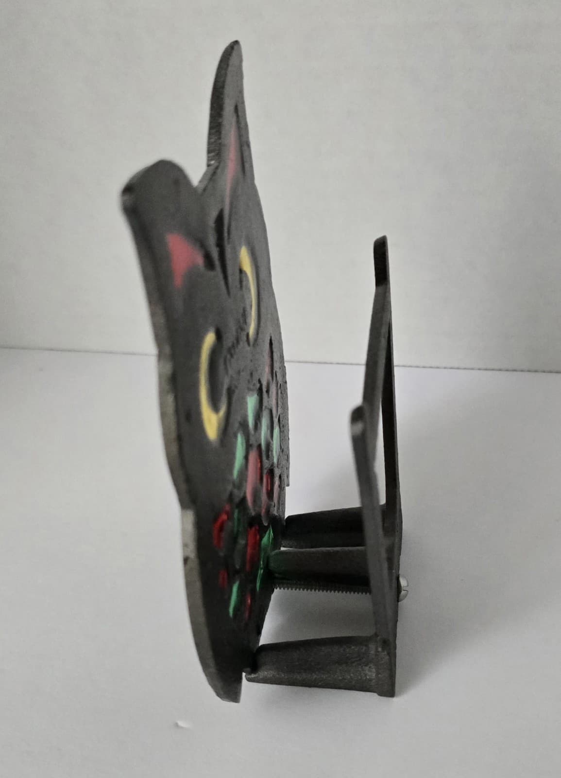Vintage Cast Iron & Faux Stained Glass Owl Napkin Holder - 1970s MCM Kitsch - Thumbnail 3
