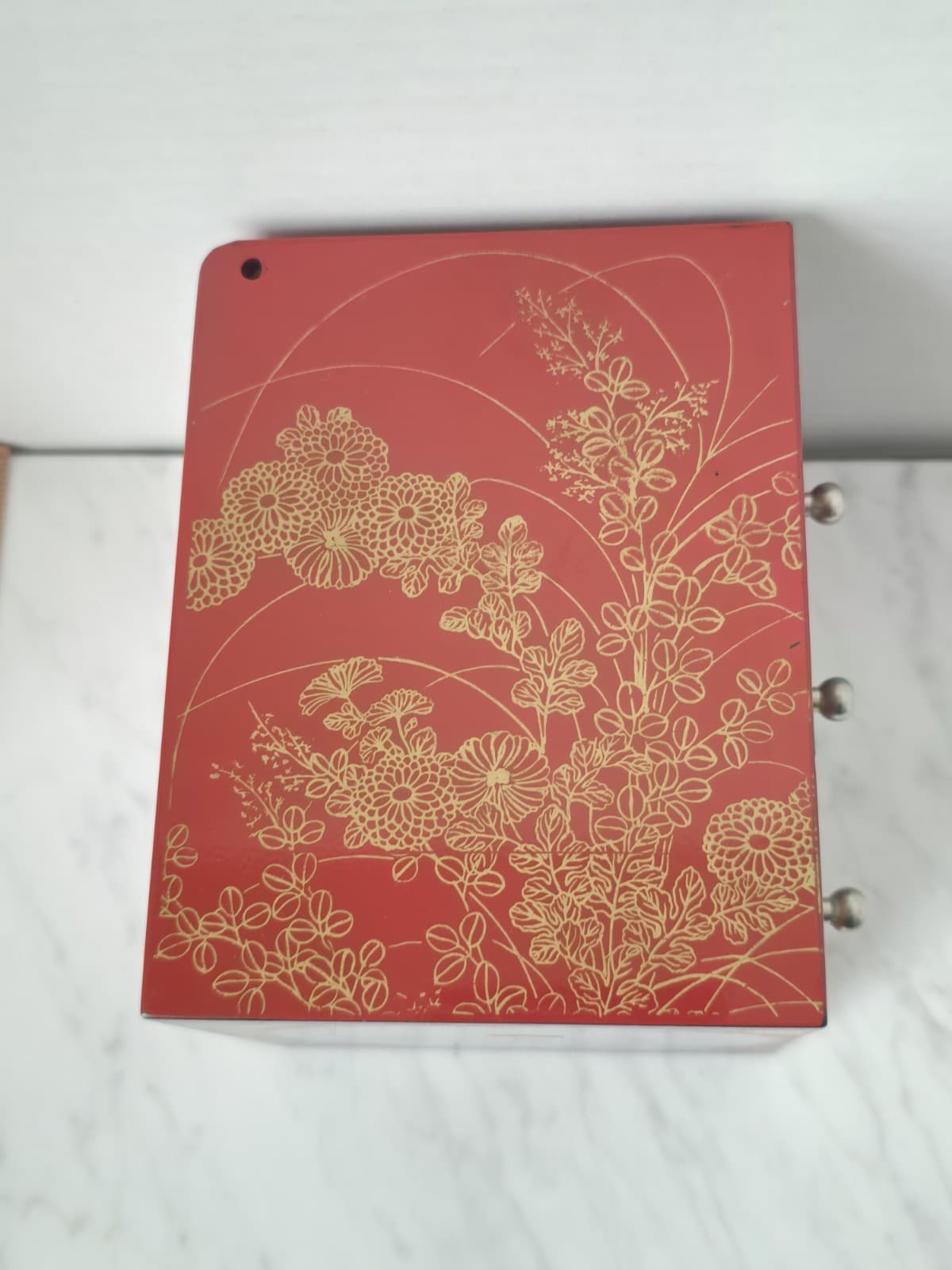 Vintage Red Lacquer 3-Drawer Jewelly Box With Floral Chiyogami Pattern - Thumbnail 3