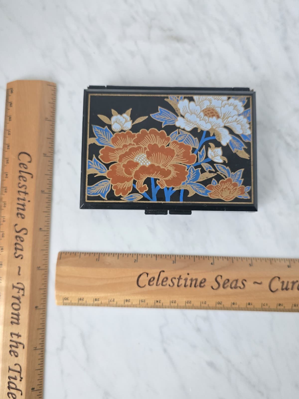 Vintage Asian Floral Travel Jewelry Box Compact with Mirror - 6 Compartment - Thumbnail 10