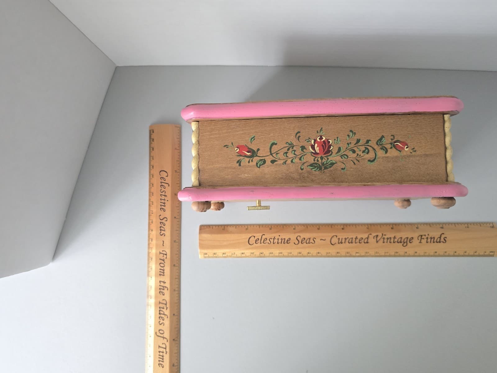Vintage Hand Painted Wooden Music Jewelry Box Folk Art Floral - Made in Japan - Thumbnail 9
