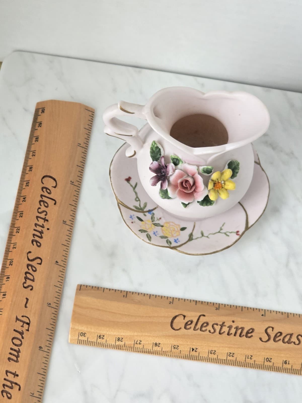 Vintage Miniature Pink Porcelain Creamer & Saucer Set with Raised Floral Details - Thumbnail 9
