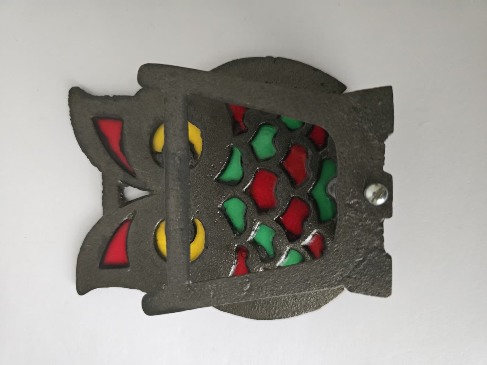 Vintage Cast Iron & Faux Stained Glass Owl Napkin Holder - 1970s MCM Kitsch - Thumbnail 5
