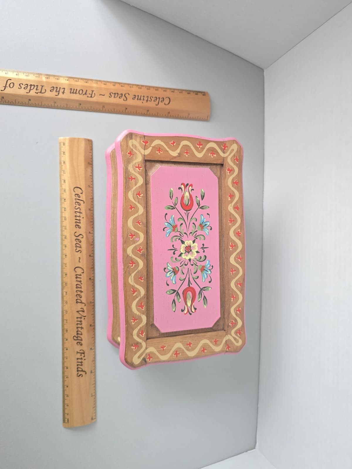 Vintage Hand Painted Wooden Music Jewelry Box Folk Art Floral - Made in Japan - Thumbnail 10