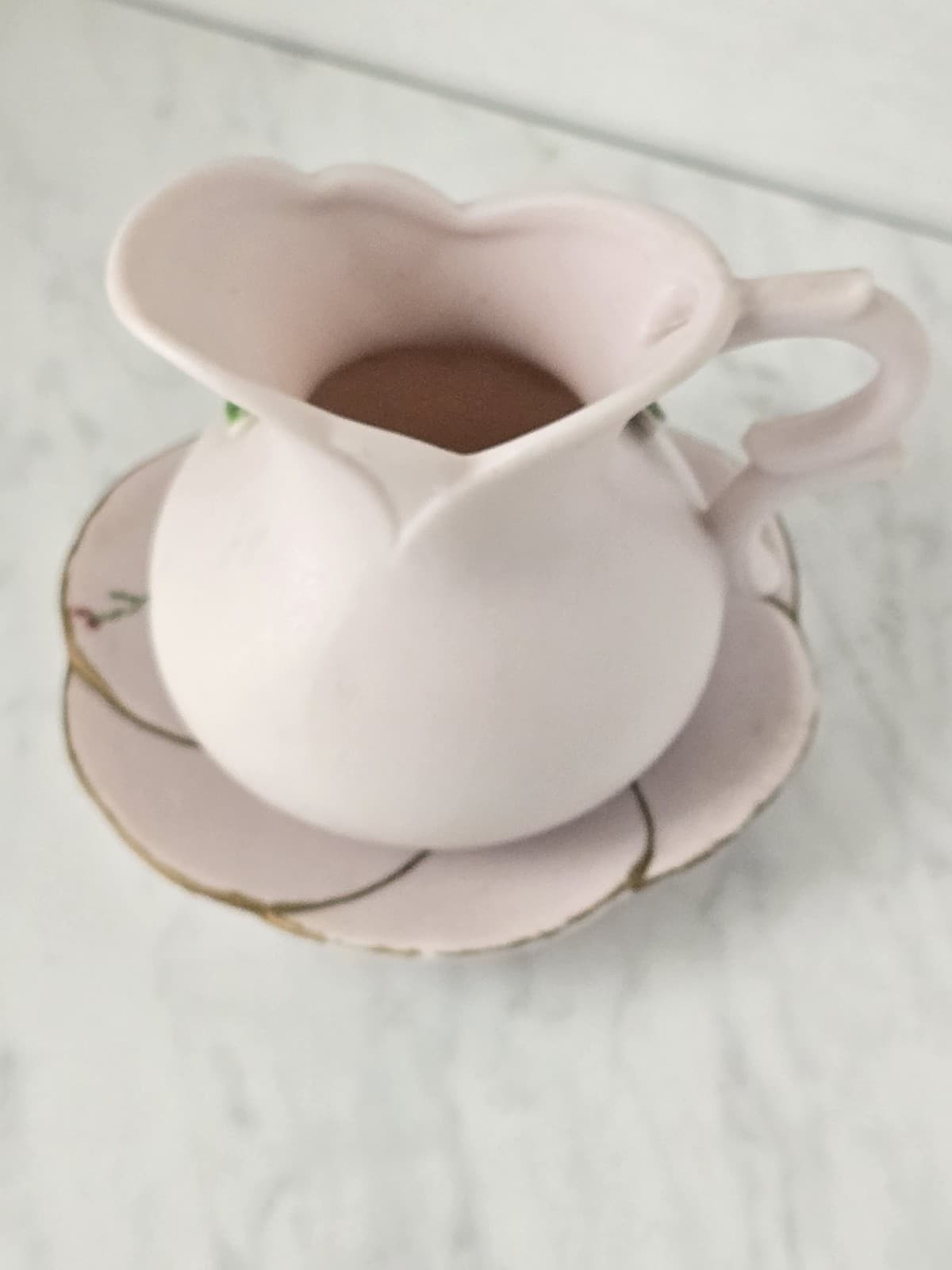 Vintage Miniature Pink Porcelain Creamer & Saucer Set with Raised Floral Details - Thumbnail 4