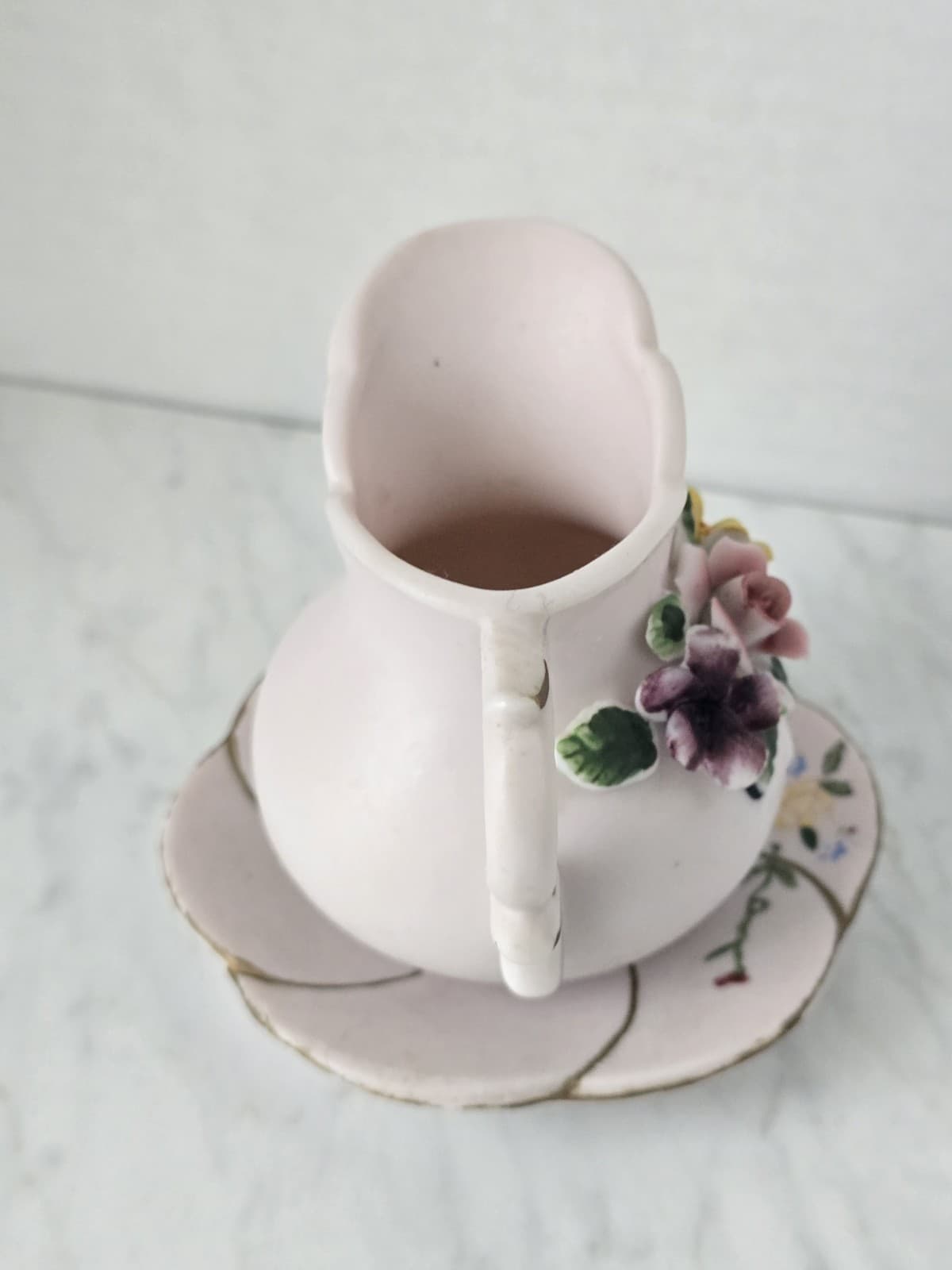 Vintage Miniature Pink Porcelain Creamer & Saucer Set with Raised Floral Details - Thumbnail 5