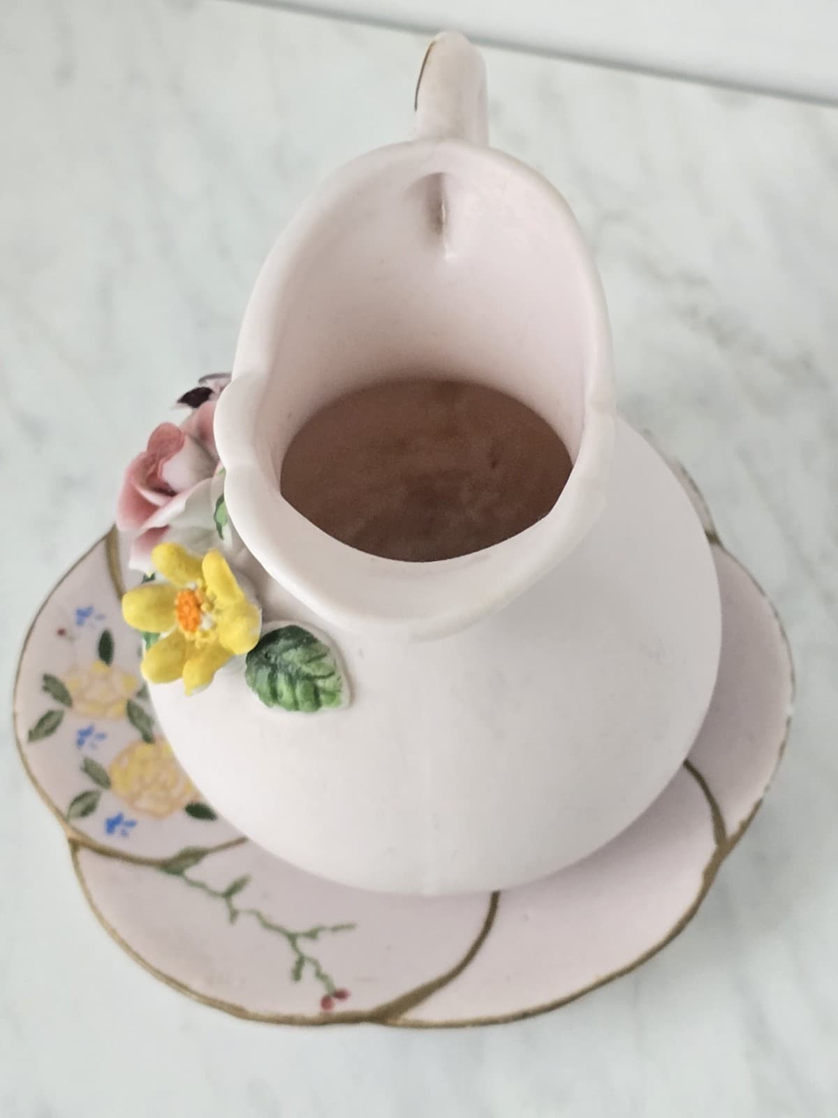 Vintage Miniature Pink Porcelain Creamer & Saucer Set with Raised Floral Details - Thumbnail 3