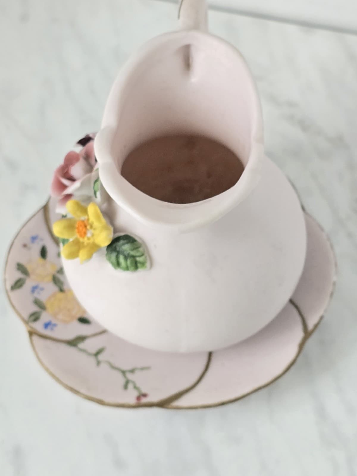 Vintage Miniature Pink Porcelain Creamer & Saucer Set with Raised Floral Details - Thumbnail 2