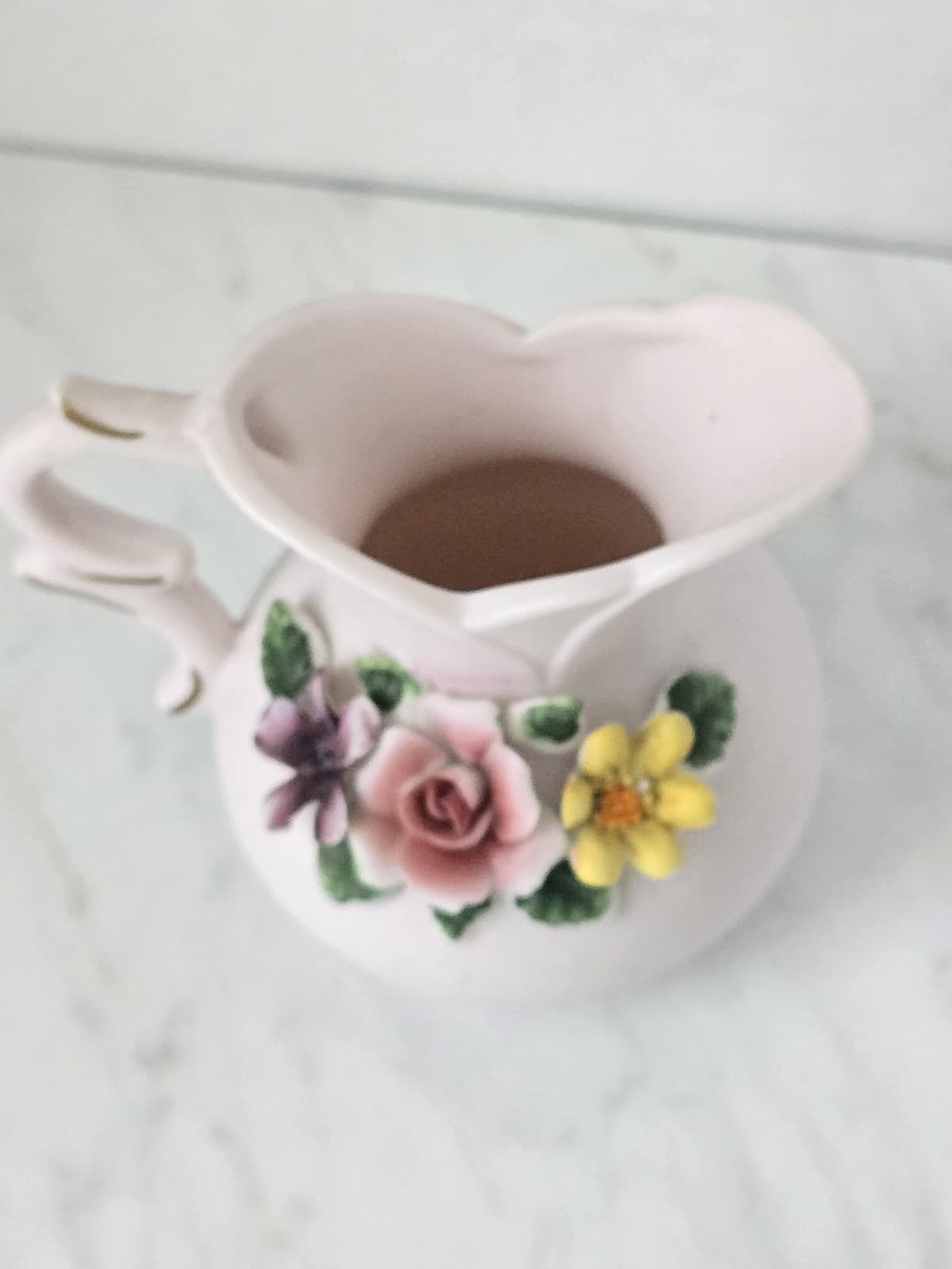 Vintage Miniature Pink Porcelain Creamer & Saucer Set with Raised Floral Details - Thumbnail 6